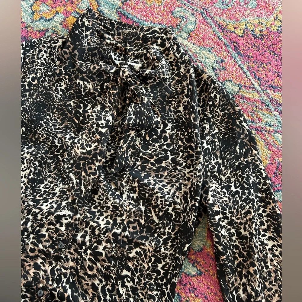 Avec Les Filles | Women’s Black/Tan Long-Sleeve Leopard Print Shirt Dress Size M